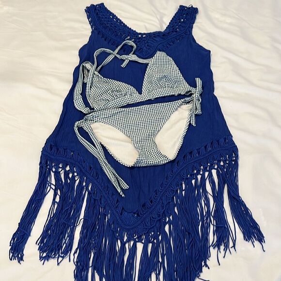 Hotouch szXL blue crocheted trim swimsuit coverup w/fringe around the bottom EUC - Picture 4 of 8